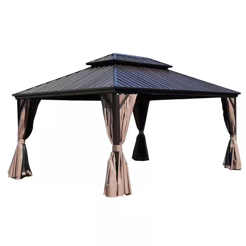 Caesar 12 Ft. X 16 Ft. Dark Brown Double Roof Permanent Hardtop Aluminum Gazebo with Netting and Sidewalls