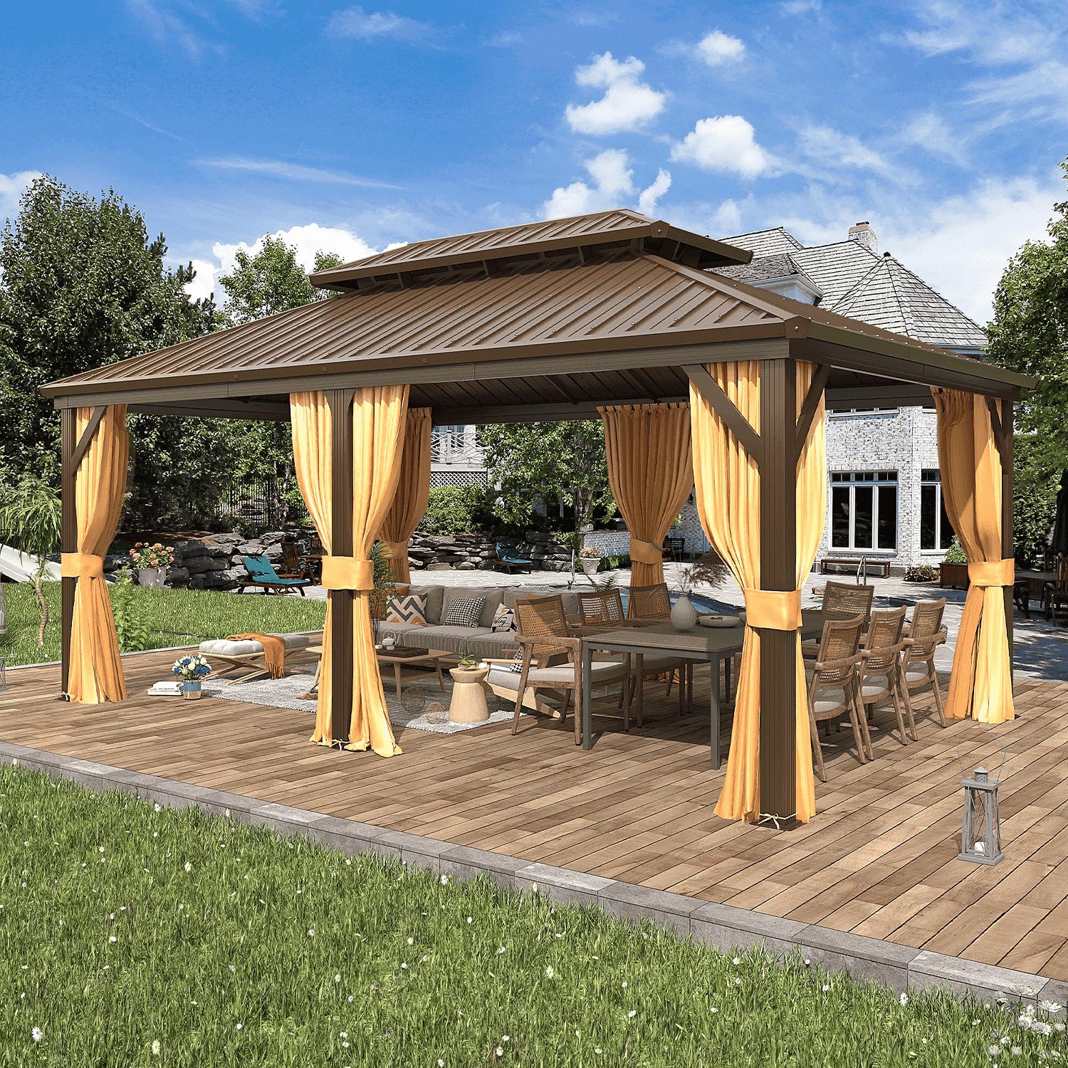 12'X18' Hardtop Gazebo with Galvanized Steel Double Roof & Aluminum Frame, Outdoor Gazebo with Premium Curtains and Nettings